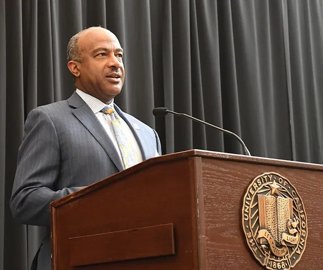 UC Davis Chancellor Gary S. May addresses the crowd. (Photo by Kathy Keatley Garvey)