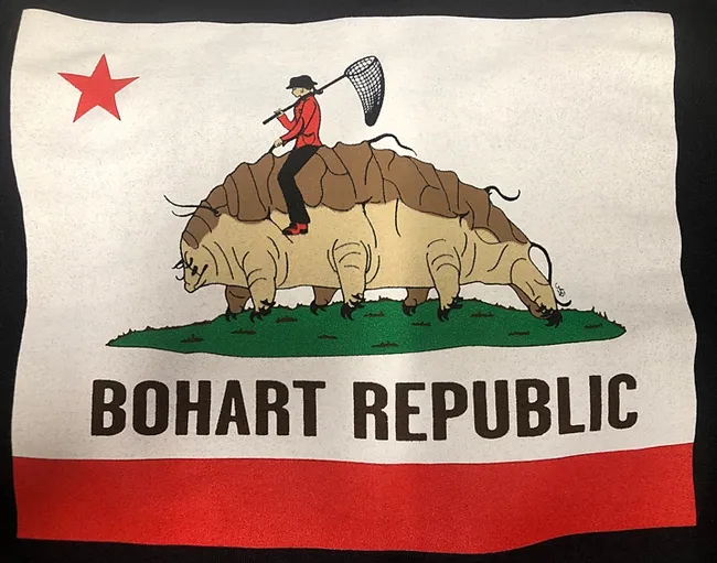 This is the back of the tardigrade hoodie, "The Bohart Republic" water bear flag. It's available in the gift shop at the Bohart Museum of Entomology. The art, reminiscent of the California Bear Flag, is by Charlotte Herbert Alberts, an entomology doctoral student. The Bohart has its own bear "water bear" flag! (Photo by Fran Keller)