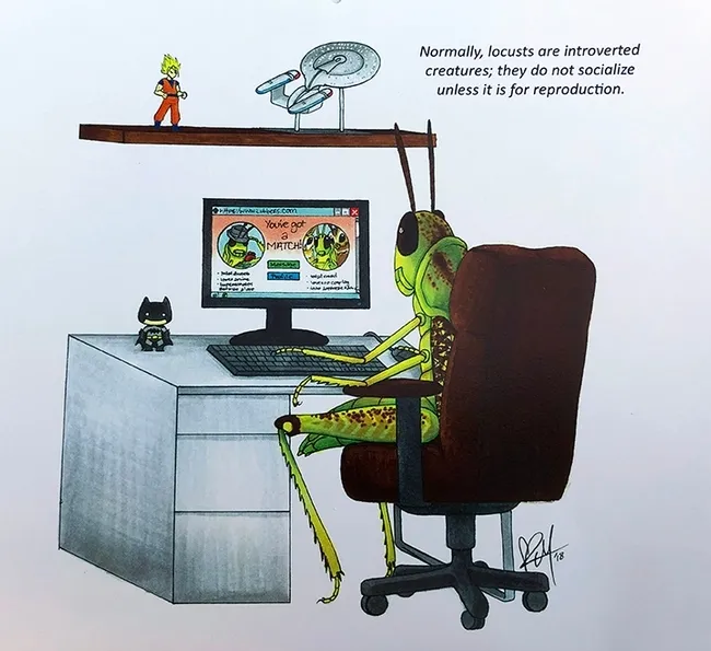 "Normally, locusts are introverted creatures; they do not socialize unless it is for reproduction." This is what one of Lynn Kimsey's students wrote in an exam, and what artist Karissa Merritt interpreted for the Bohart Museum's innovative calendar. (Photo by Kathy Keatley Garvey)