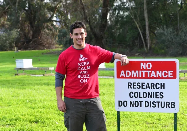 Beekeeper Bernardo Niño, staff research associate III in the Elina Niño lab and educational supervisor with the California Master Beekeeper Program, will open hives, inside a screened tent, at the California Honey Festival. Festival-goers will see the queen bee, workers and drones. (Photo by Kathy Keatley Garvey)