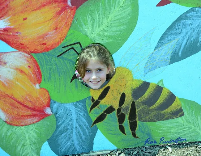 Beekeeper Adelaide Grandia smiles through a pollinator cut-out board. Her grandfather is teaching her beekeeping. (Photo by Kathy Keatley Garvey)