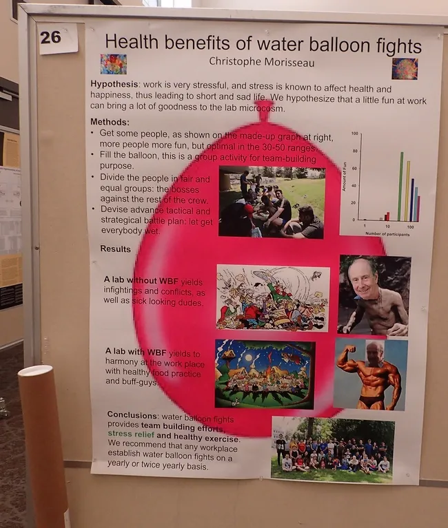 This is researcher Christophe Morisseau's water balloon battle poster, now on display in the Briggs Hall basement, outside his office. (Photo by Kathy Keatley Garvey)