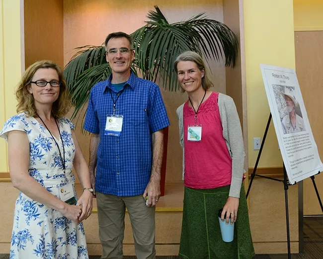 Keynote speaker Lynn Dicks (far left) of the School of Biological Sciences, University of East Anglia, United Kingdom, with conference co-chair Neal Williams, pollination ecologist, UC Davis Department of Entomology and Nematology, and speaker Rachel Vannette of the UC Davis Department of Entomology and Nematology, who addressed the crowd on her hummingbird research. (Photo by Kathy Keatley Garvey)