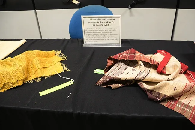 Richard Peigler, a biology professor at the University of the Incarnate Word, San Antonio, Texas, donated the textiles to the Bohart Museum. It is part of its permanent collection. (Photo by Kathy Keatley Garvey)