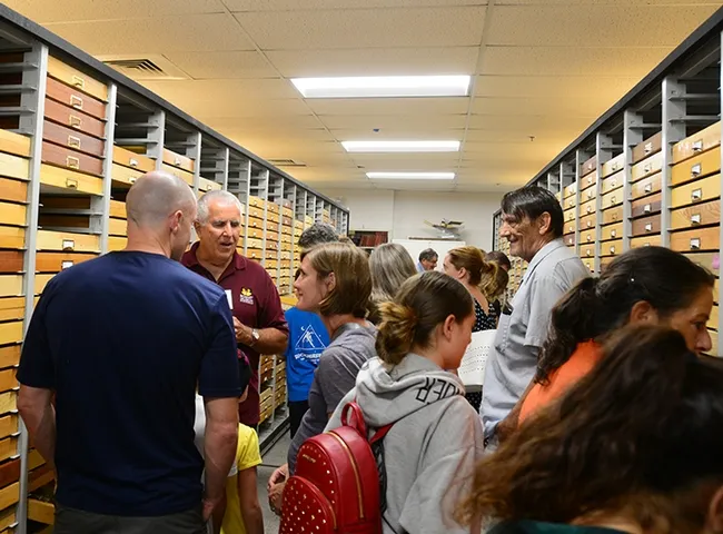 Entomologist Jeff Smith (second from left), curator of the Lepidoptera collection, answers questions from the crowd. (Photo by Kathy Keatley Garvey)