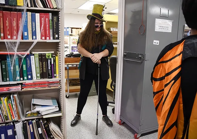 Bohart associate Emma Cluff dressed as "The Mad Hatter" at the Bohart Museum of Entomology's Halloween party. (Photo by Kathy Keatley Garvey)