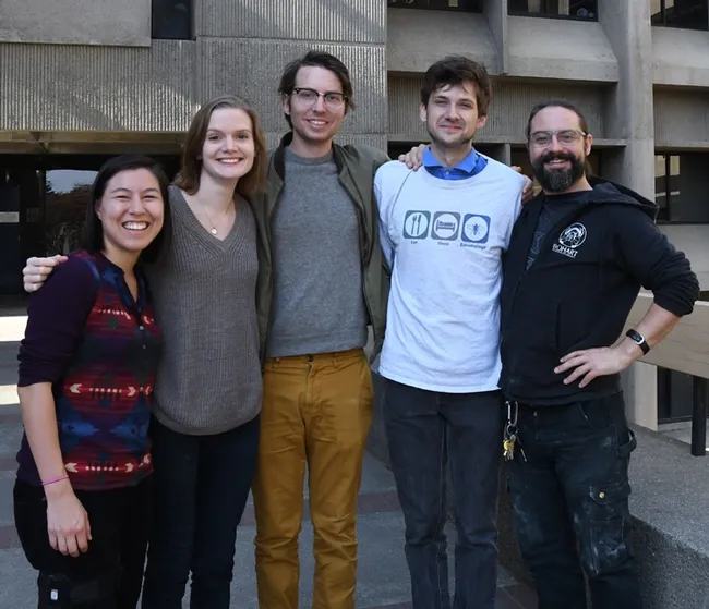 The UC Linnaean Games Team includes (from left) Hanna Kahl, Jill Oberski, Miles Dakin, Zach Griebenow and Brendon Boudinot, all in the doctoral program, UC Davis Department of Entomology and Nematology. Not pictured: captain Ralph Washington Jr., who received his bachelor's degree in entomology at UC Davis and is now a graduate student at UC Berkeley. (Photo by Kathy Keatley Garvey)