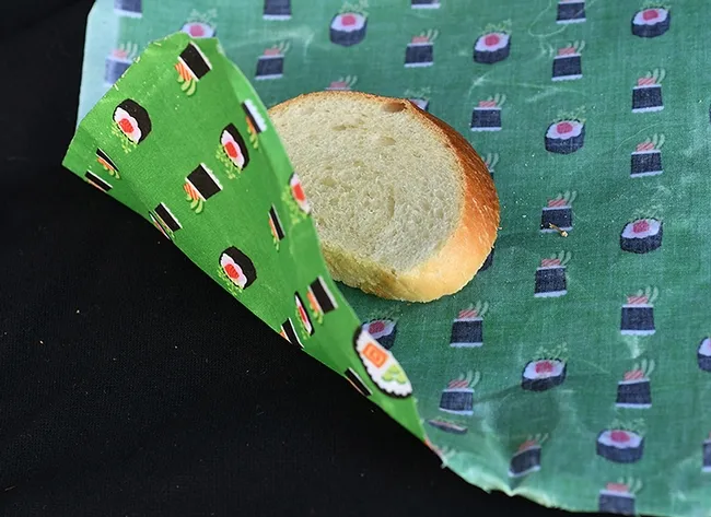 Reusable food wrappers--crafted with bees wax--are considered a better alternative than plastic wrap. This wrapper is the work of Teresa Hickman of Vacaville (handmadebyTeresa, Facebook page) who offers these at farmers' markets, festival and other venues in the area. (Photo by Kathy Keatley Garvey)