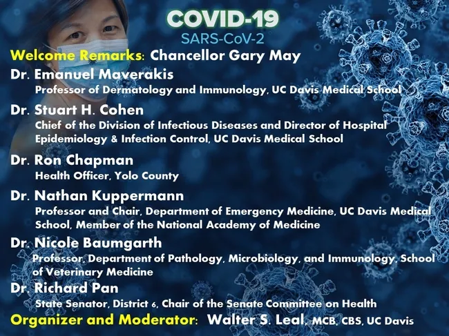 These are the speakers at the UC Davis-based COVID-19 webinar on Thursday, April 23. (Graphic by Walter Leal)