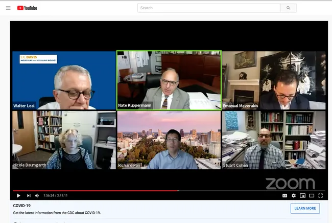 The virtual symposium: Top row, organizer-moderator Walter Leal and panelists physician-scientists Nate Kupperman and Emanuel Maverakis, all of UC Davis. Bottom row (from left) veterinarian-scientist Nicole Baumgarth of UC Davis, pediatrician State Sen. Richard Pan, District 6, and chair of Senate Committee on Health; and physician-scientist Stuart Cohen, UC Davis.