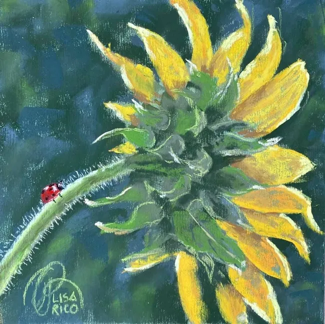 A lady beetle, aka ladybug, climbs the stalk of a sunflower in this painting by Lisa Rico, founder of the Vacaville Fire Art Project. It's titled "Sun's Going to Shine Again" and was purchased by Aumrey Moland.