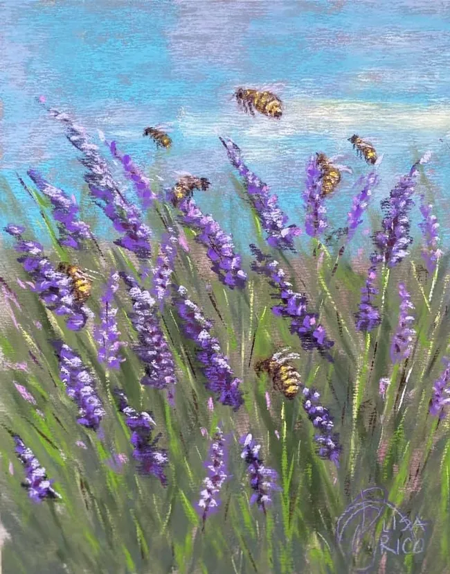 Honey bees forage in a field of lavender in this painting, titled "Honey Makers," by Lisa Rico. It was sold to Joie Moralde, with proceeds benefitting fire victims.
