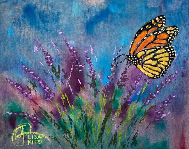 A monarch butterfly flutters through a field of lavender. Painting by Lisa Rico. This one is titled "Monarch Muse."