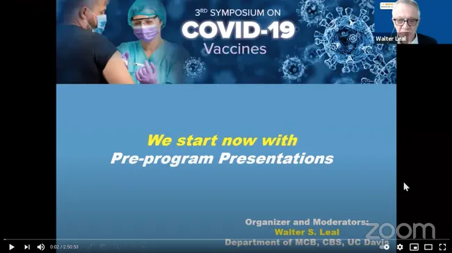Screen shot of the third UC Davis Symposium on COVID-19. Organizer-moderator is pictured at top right.