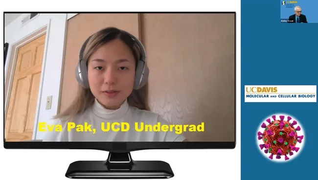 UC Davis undergraduate student Eva Pak asks a question at the UC Davis COVID-19 symposium.