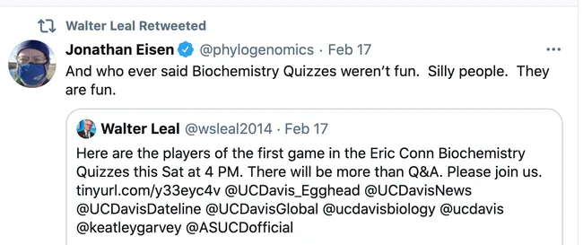 When UC Davis Professor Jonathan Eisen read on Twitter that the Eric Conn Biochemistry Quizzes would be both fun and educational, he commented: "And who ever said Biochemistry Quizzes weren't fun. Silly people. They are fun." (Screen shot)