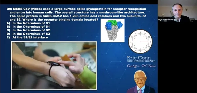A photo of a Madagascar hissing cockroach from the UC Davis Bohart Museum of Entomology fills the screen as Wynand van der Goes van Naters, a lecturer at Cardiff University, reads the question. The answer: (B) In the C-terminus of S1. (Screen shot)