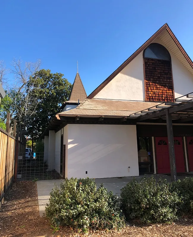 Street scene of the bell tower at the Epiphany Episcopal Church, Vacaville. (Photo by Kathy Keatley Garvey)