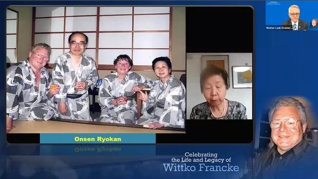 Gathering in the hotel Onsen Ryokan (from left) the late Wittko Francke, the late Professor Kenji Moro of Tokyo University, Francke's widow, Heidi; and Mori's widow, Keiko. Kenji Mori was another giant in chemical ecology who passed away April 16, 2019. (Screenshot from April 3rd celebration of Life and Legacy of Wittko Francke)