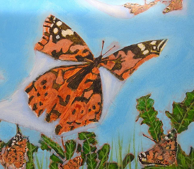 A painted lady, Vanessa cardui, flutters away in this prize-winning work of artist Roberto Valdez. He won best of show in the professional fine arts category, oils and acrylics, at the 2021 Dixon May Fair.
