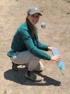 Graduate student Rebecca Roberts checking a livetrap used during surveys of rodents. Photo by J. Duggan.