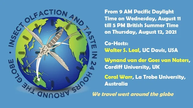 The free international symposium, “Insect Olfaction and Taste in 24 Hours Around the Globe,” begins at 9 a.m, Pacific Daylight Time (PDT), Wednesday, Aug. 11.