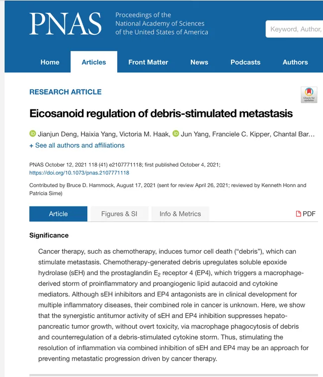 Screen shot of research article, "Eicosanoid Regulation of Debris-Stimulated Metastasis" in PNAS. See https://bit.ly/3FfCOGN.