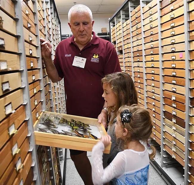 Jeff Smith, curator of the Lepidoptera collection at the Bohart Museum of Entomology, shows visitors some of the butterfly specimens. The worldwide Lepidoptera collection now totals more than 500,000. One of the most recent donors was the late Charles Hageman of Yuba City (1945-2021). (Photo by Kathy Keatley Garvey)