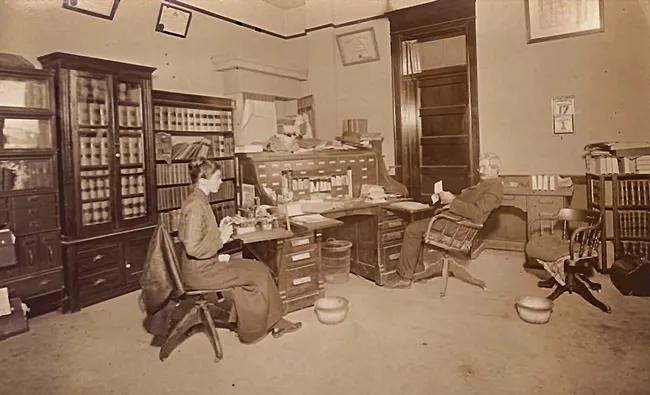 This image, taken in 1915, shows Judge William Thomas Hammock and daughter Maude working in his office. She is using the Odell "Type Writer.' They are the grandfather and aunt of UC Davis distinguished professor Bruce Hammock.