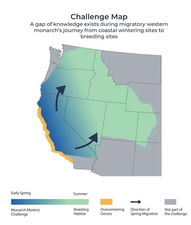 This map shows the area where monarch sightings should be reported in the Western Monarch Mystery Challenge.