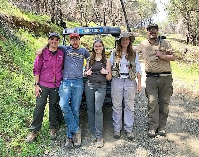 Five members of Jason Bond lab at the UC Quail Ridge Reserve, Napa County. From left are Lacie Newton, Xavier Zahnle, Emma Jochim, Lisa Chamberland, and Jim Starrett. Not pictured are the newest lab members Iris Bright and Megan Ma.