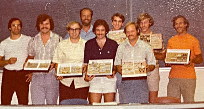 This image from a spring 1975 class taught by UC Davis entomology professor Robbin Thorp (back row, far left) shows students showing their collections. Gary Lamberti points out he is in the front row, second from right "in the dark blue shirt with all the dark hair."