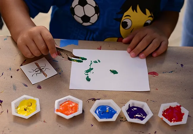 Wells of non-toxic, water-based paint await the Maggot Art artists. (Photo by Kathy Keatley Garvey)