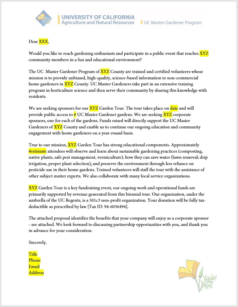 Garden Tour Sponsor Letter Example