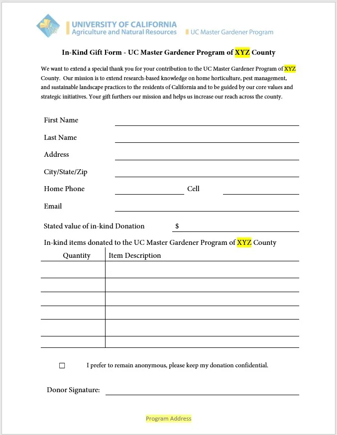 In Kind Gift Form Template