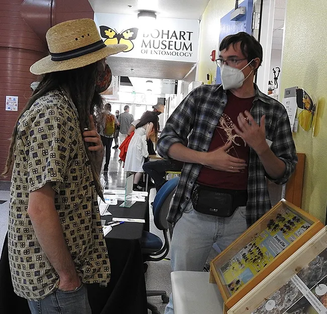 UC Davis and CDFA postdoctoral researcher Severyn Korneyev, a Ukranian dipterian, fields questions at the Bohart Museum open house. (Photo by Kathy Keatley Garvey)