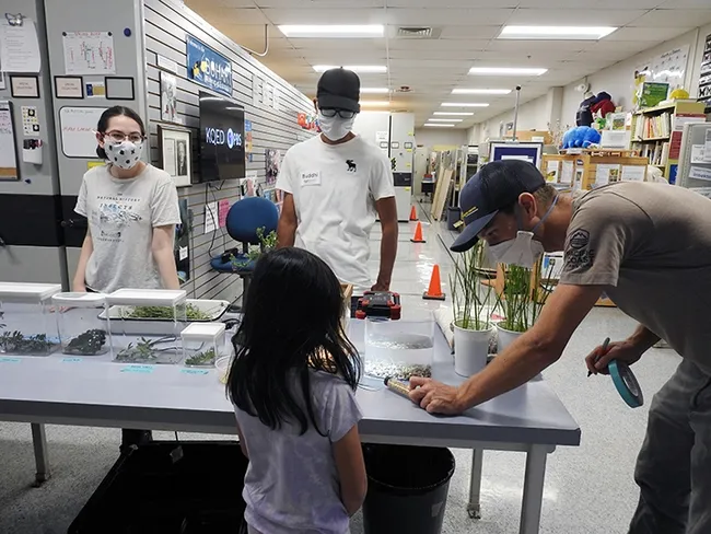 Cooperative Extension specialist Ian Grettenberger (far right) of the UC Davis Department of Entomology and Nematology leans over to talk to a visitor. In back are postdoctoral fellow Buddi Achhami (right) of the Grettenberger lab and UC Davis undergraduate student Omri Livneh. (Photo by Kathy Keatley Garvey)