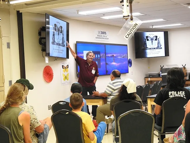 Bohart associate Greg Kareofelas talks about the history of the California dogface butterfly. (Photo by Kathy Keatley Garvey)