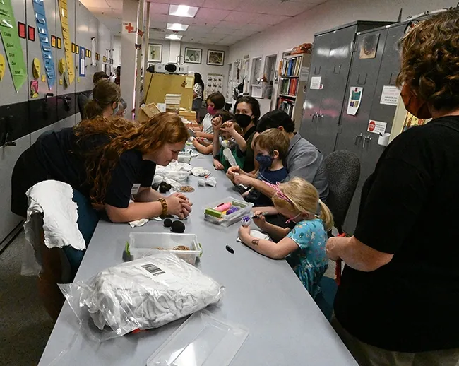 The Bohart Museum's family arts-and-crafts table, featuring how to make gall ghosts, was busy throughout the open house, themed "Weird and Wonderful Wasps." (Photo by Kathy Keatley Garvey)