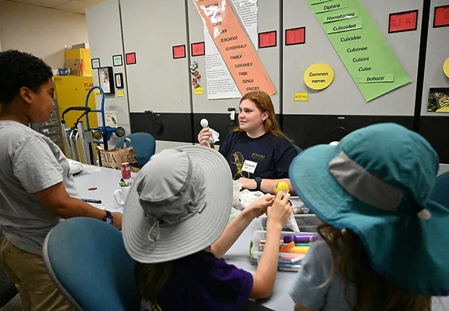 UC Davis student and Bohart volunteer Elizabeth Gromfin explains how to make gall ghosts. (Photo by Kathy Keatley Garvey)