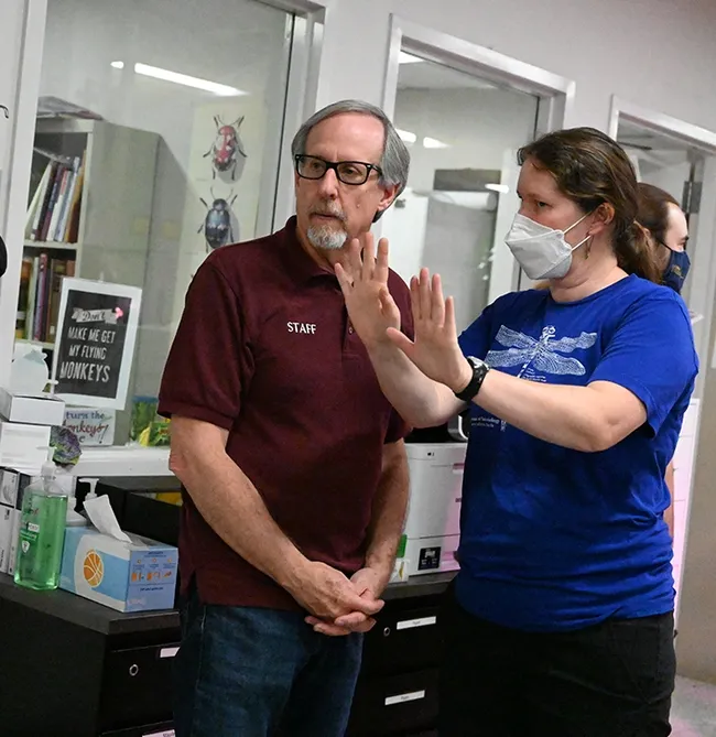 Steve Heydon, senior museum scientist at the Bohart Museum and Tabatha Yang, education and outreach coordinator, confer on a display. (Photo by Kathy Keatley Garvey)