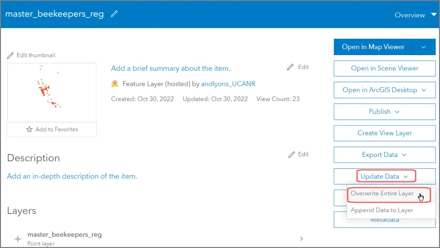 After you create a new CSV file with the same columns and file name, open the Feature Layer update the data