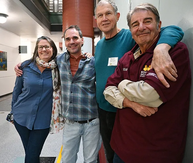 Dragonfly experts at the Bohart Museum open house included Sandra Hunt-von Arb, with the Pacific Northwest Biological Resources Consultants, Inc.; Andy Rehn, stream ecologist with California Department of Fish and Wildlife; Rosser Garrison, formerly with the California Department of Food and Agriculture; and Greg Kareofelas, Bohart associate. (Photo by Kathy Keatley Garvey)