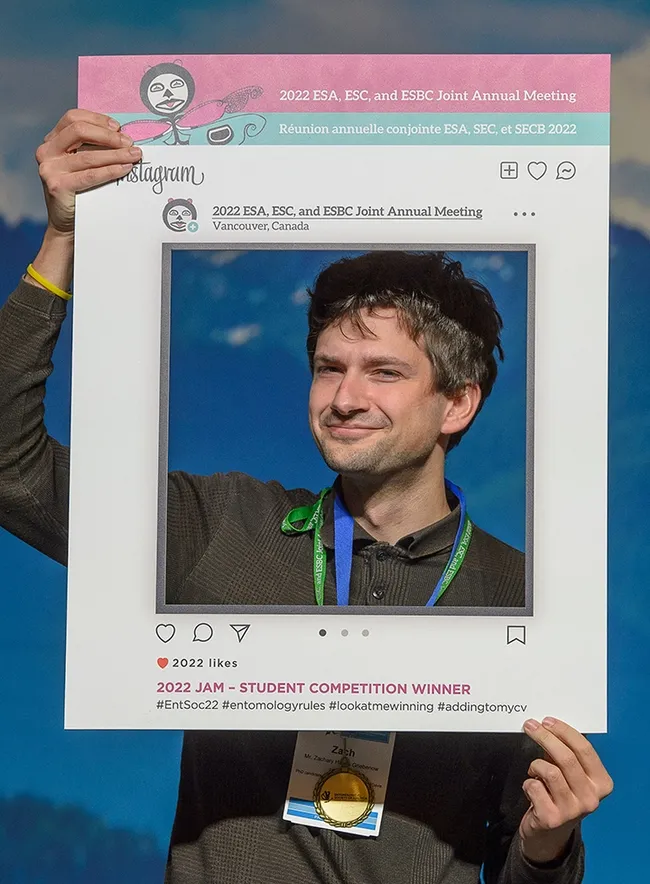 UC Davis doctoral candidate Zachary Griebenow won a President's Prize at the 2022 Entomological Society of America meeting. (Photo Courtesy of ESA)