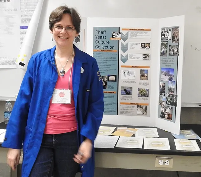 Ask me anything about yeast cultures! Kyria Boundy-Mills is the curator of the Phaff Yeast Culture Collection. She maintains the collection, distributes strains to researchers on campus and around the world, and performs research that builds and/or taps the collection. (Photo by Kathy Keatley Garvey)