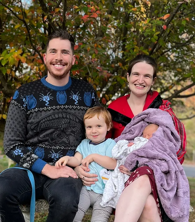 UC Davis entomology doctoral candidate Charlotte Herbert Alberts with her husband, George, son Griffin, then 2.5, and Marcy, then a week old. (Image taken Oct. 28, 2022)