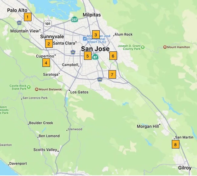 Map showing locations of Demonstration Gardens listed below