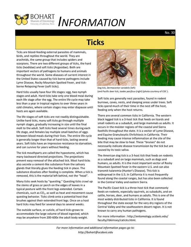 Fact sheet on ticks, written by Lynn Kimsey, director of the Bohart Museum of Entomology