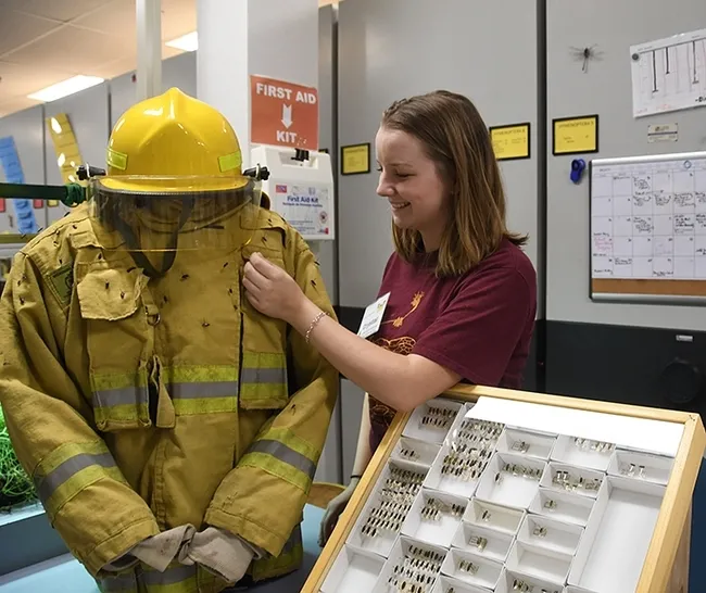 UC Davis forest entomologist and doctoral student Crystal Homicz assists in a fire beetle demonstration at a 2018 Bohart Museum of Entomology open house. The fire beetles are in the genus Melanophila and are sensitive to smoke and heat from smoldering trees after a fire. (Photo by Kathy Keatley Garvey)