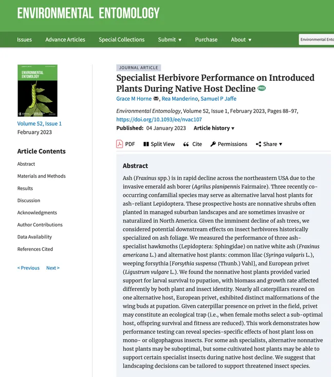 A screen shot of Grace Horne's work that appears in the current edition of the journal Environmental Entomology.